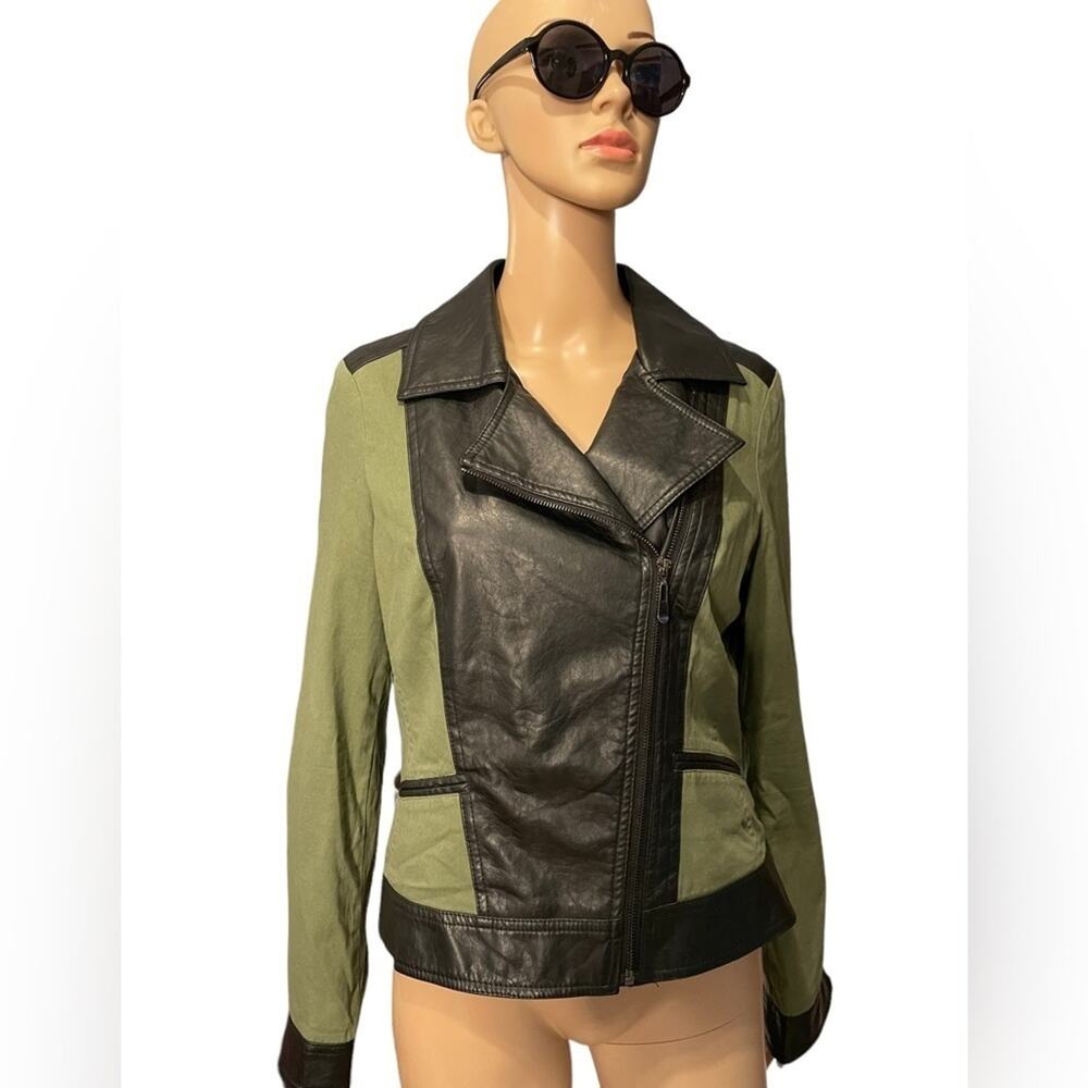 Therapy Moto Jacket Women Large Biker Faux Leather Lapel Collar Army Green Black